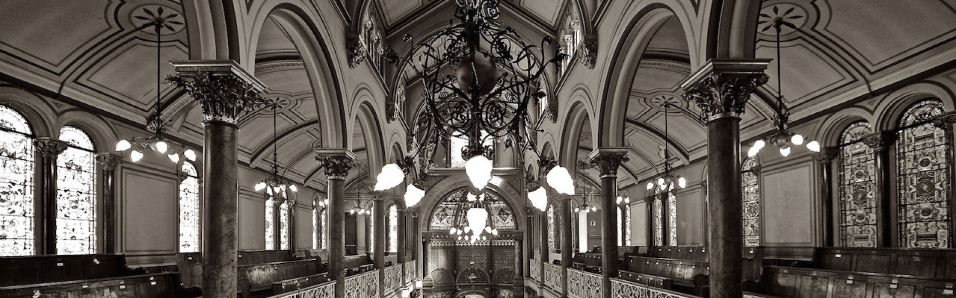 black and white interior of a synagogue